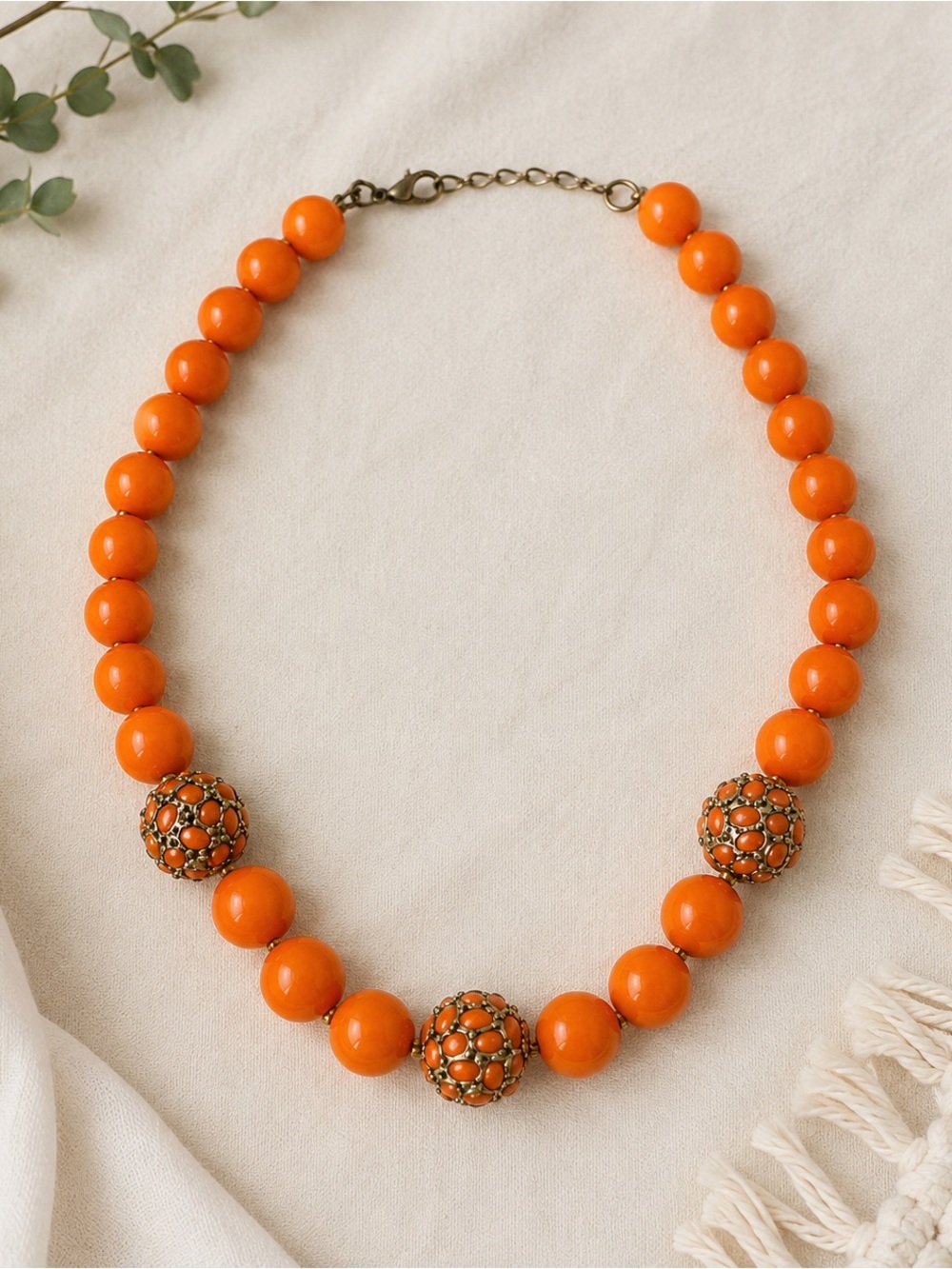 Banana Republic Orange Statement Bubble Bead Necklace Gold Tone